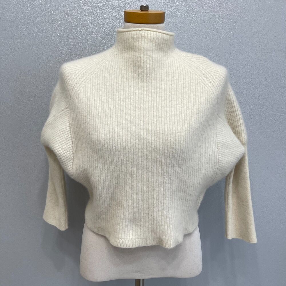 M Magaschoni Mock‎ Sweater Small Medium Large Ivory Ribbed 100% Cashmere
